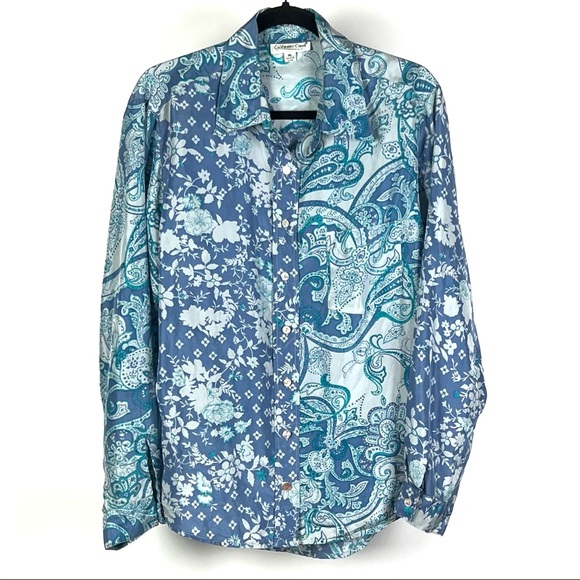 Coldwater Creek Tops - Coldwater Creek Women’s Blue Silk Paisley Long Sleeve Button Up Blouse